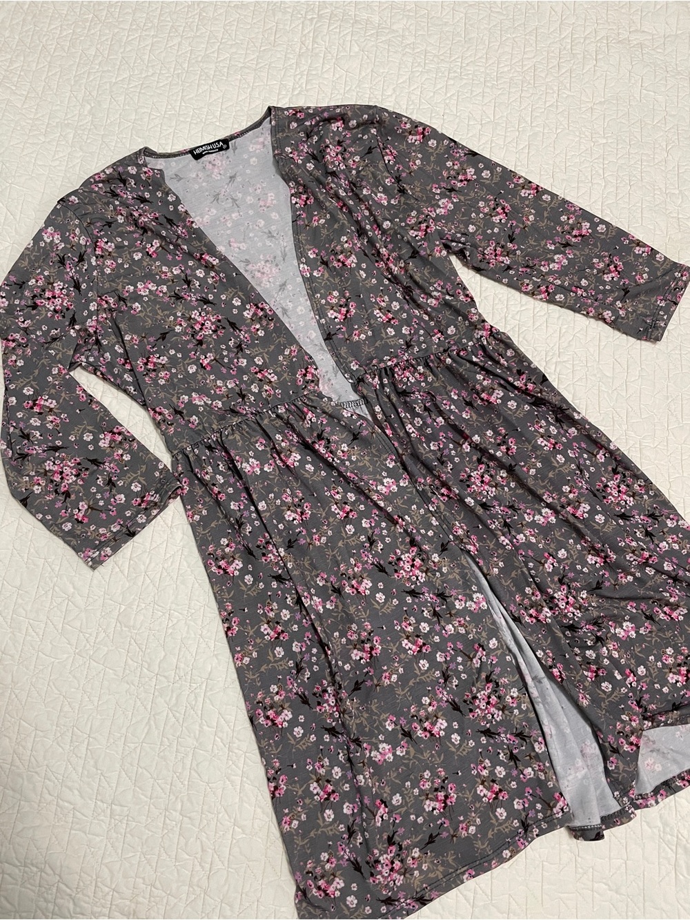HEIMISH USA Gray Floral Open-Front Long Cardigan